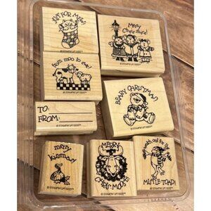 HTF 1993 STAMPIN' UP! TAGS ETC WOOD MOUNT RUBBER STAMP SET CHRISTMAS MICE TOAD